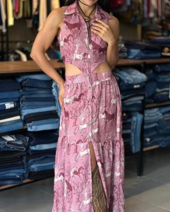 Vestido Longo Country c/ Estampa de Cavalo